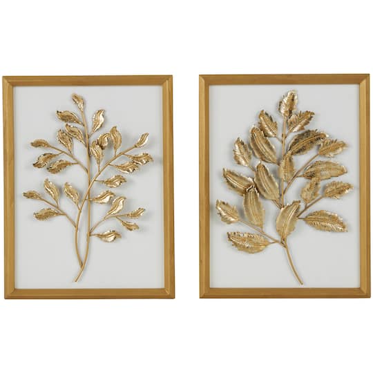 Gold Wood Leaf 3D Wall D&#xE9;cor with Beveled Frame Set